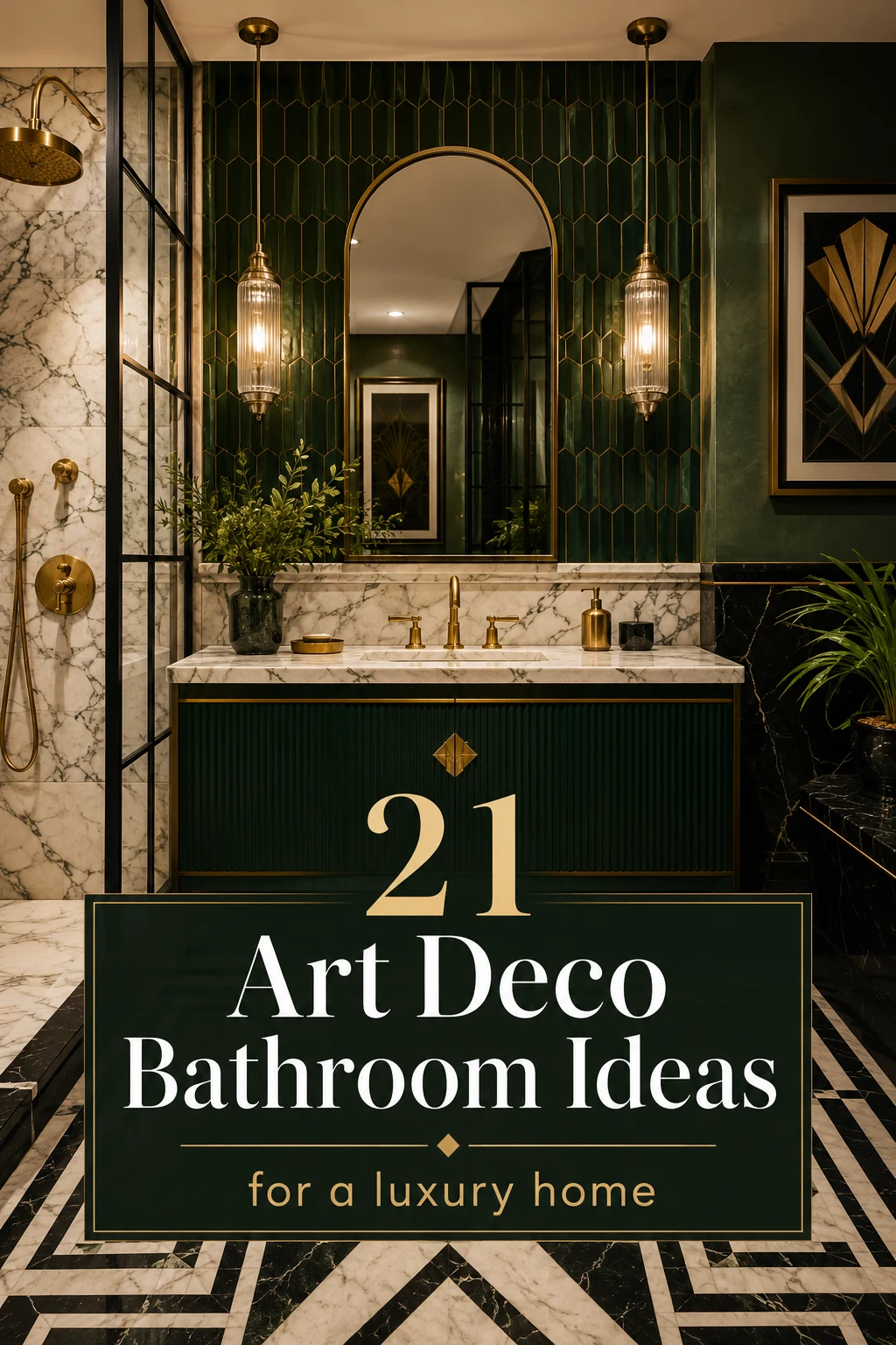 Art Deco bathroom ideas with emerald green tiles, brass fixtures, marble vanity, and geometric floor pattern