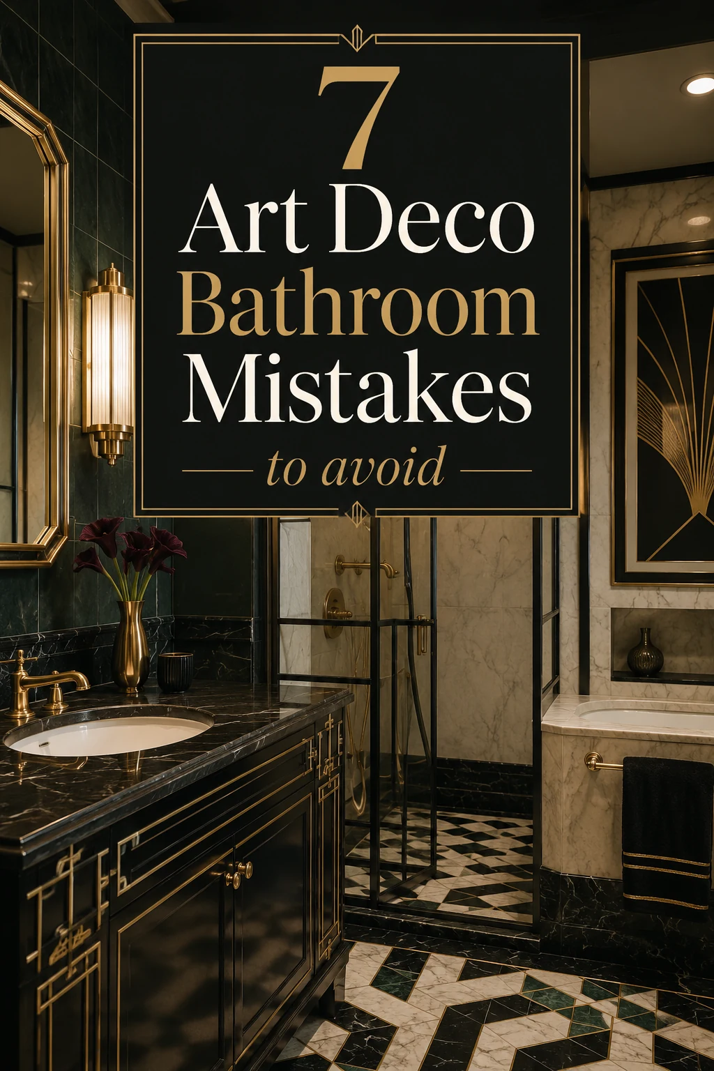 Art Deco bathroom mistakes guide with dark green tiles, brass fixtures, marble surfaces, and geometric styling
