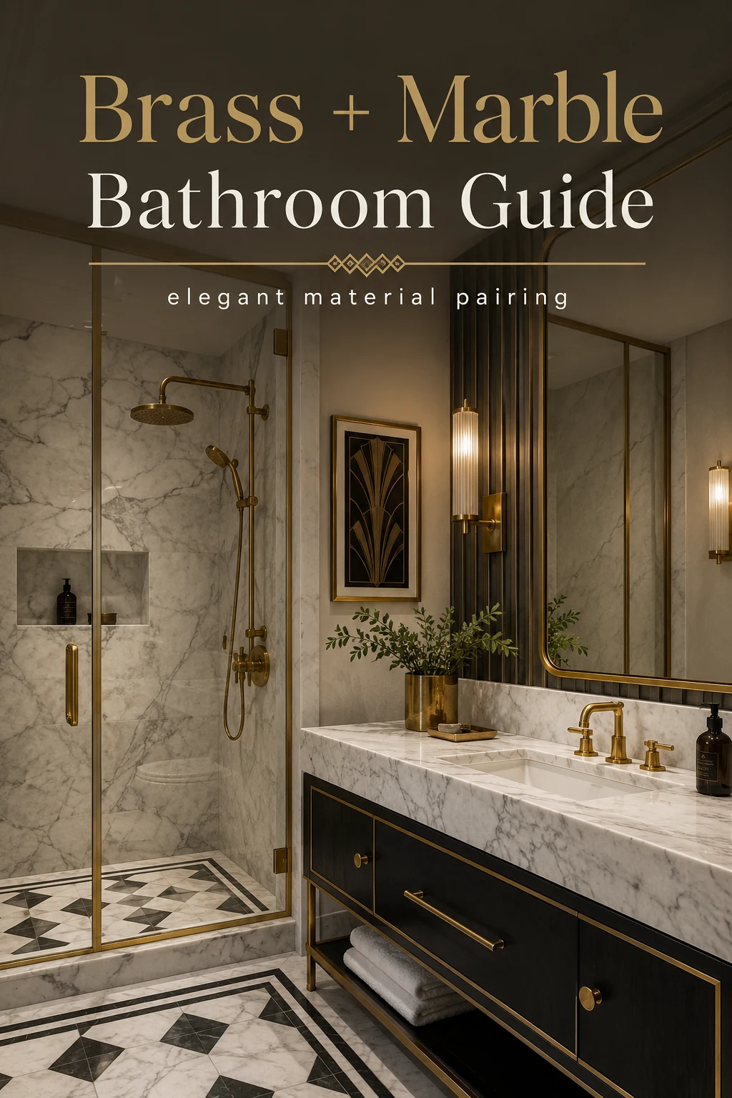 Brass and marble Art Deco bathroom guide with glass shower, gold fixtures, and elegant vanity