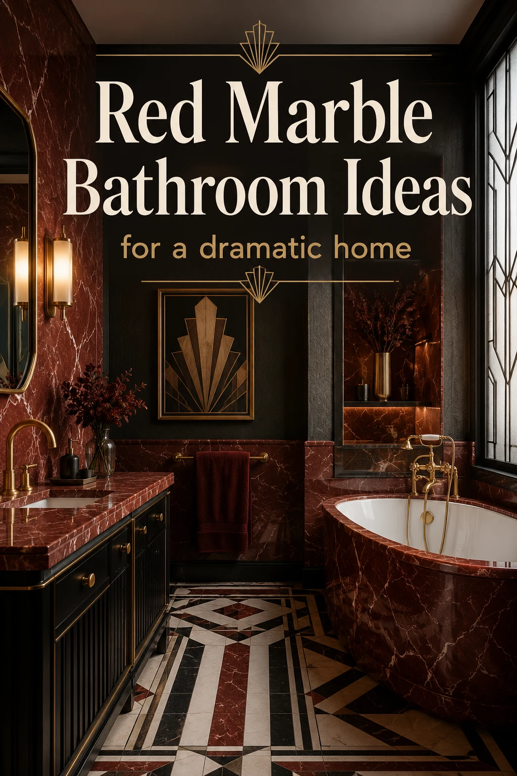 Red marble Art Deco bathroom ideas with brass fixtures and dramatic geometric floor pattern