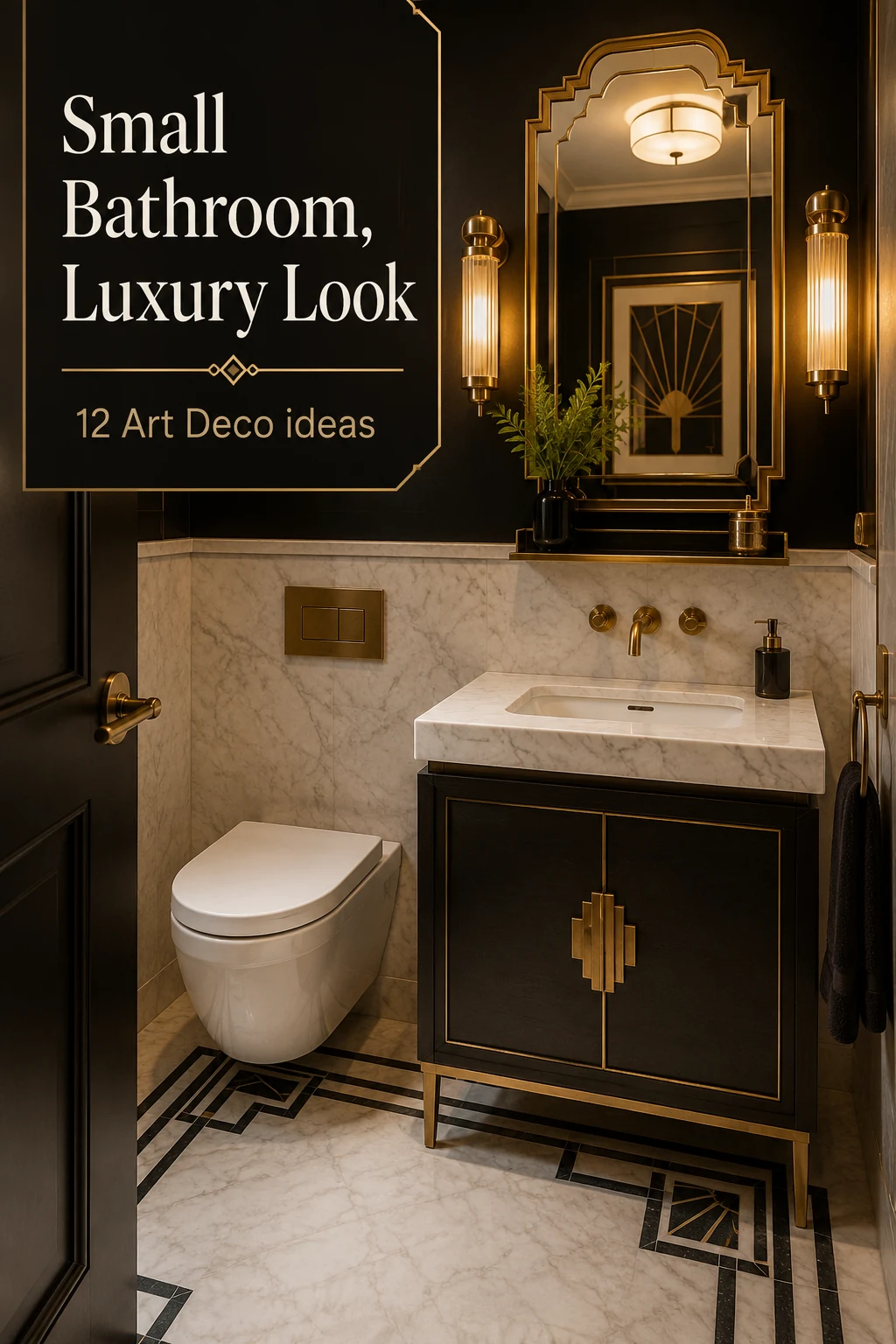 Small Art Deco bathroom with luxury vanity, brass details, marble wall, and compact layout
